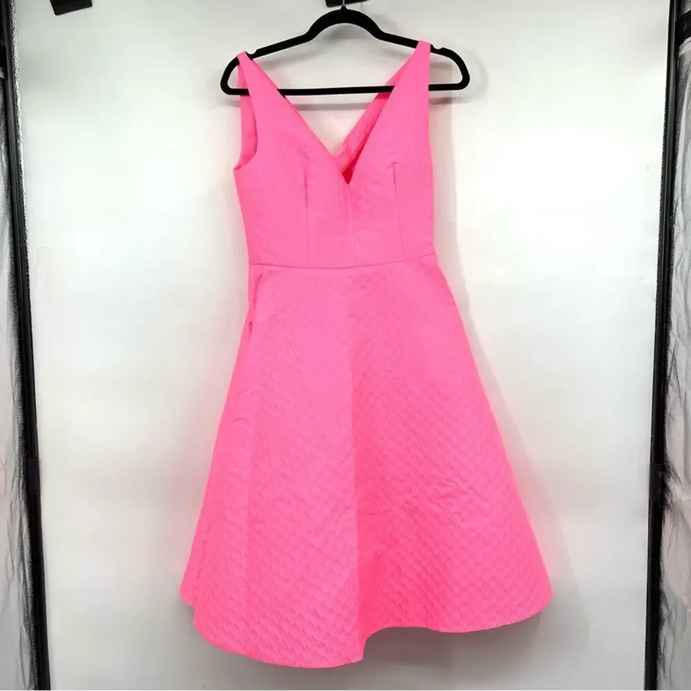 PRADA V-Neck Sleeveless A-Line Textured Dress in Neon Pink - Picture 3 of 7